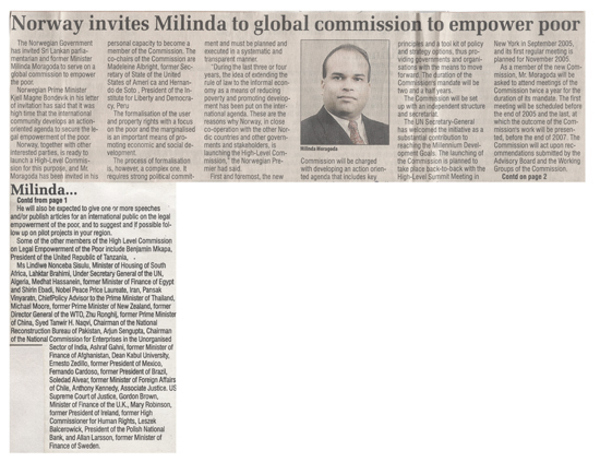 Norway invites Milinda to global commission to empower poor
